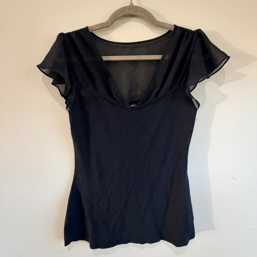 Express Flutter Sleeve Top Women XS Black Sheer V Neck Stretch Whimsigoth Indie
